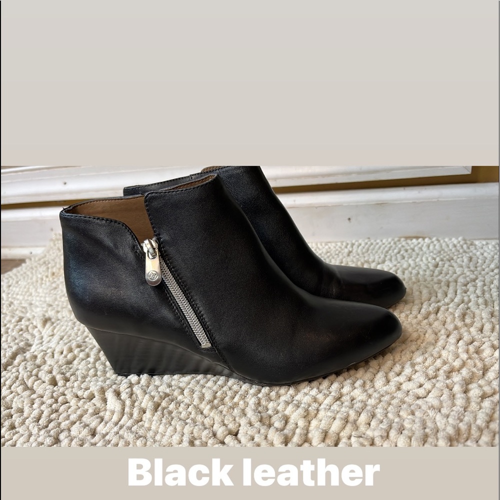 Black leather booties with wedge heel Sz 8 new without tags